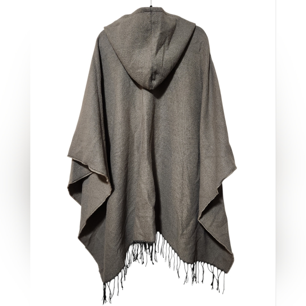Hooded Poncho Cape Wrap with Fringed Hem One Size